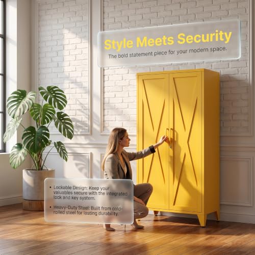 61" Yellow Steel Locking Cabinet, Tall Metal Storage Locker with 3 Adjustable Shelves, Secure Organizer Cabinet for Home Office, Garage, Classroom - color: Yellow, style: 61"H-Cabinet-CX