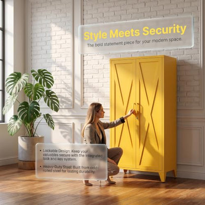 61" Yellow Steel Locking Cabinet, Tall Metal Storage Locker with 3 Adjustable Shelves, Secure Organizer Cabinet for Home Office, Garage, Classroom - color: Yellow, style: 61"H-Cabinet-CX