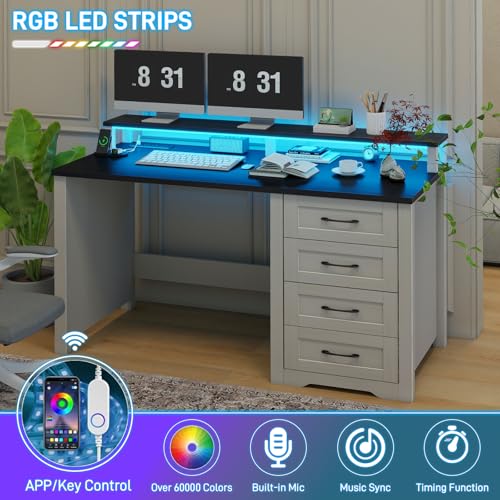 Vabches 47" Farmhouse Executive Desk with 4 Drawers and LED Lights, Black - color: Black, size: 4 Drawers & Monitor Stand