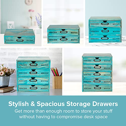 5-piece Full Matching Set Turquoise Wooden Cabinets,European Country Style Desk Organizer Boxes,Multi-level Teal Wooden Stackable Drawers,Countertop Organizer Drawers w/ Label Holder,Desktop Chests - style: Matching set I All 5 styles