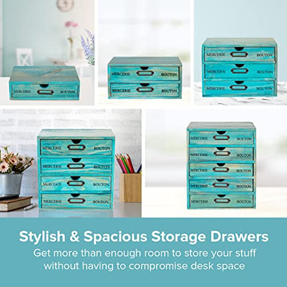5-piece Full Matching Set Turquoise Wooden Cabinets,European Country Style Desk Organizer Boxes,Multi-level Teal Wooden Stackable Drawers,Countertop Organizer Drawers w/ Label Holder,Desktop Chests - style: Matching set I All 5 styles