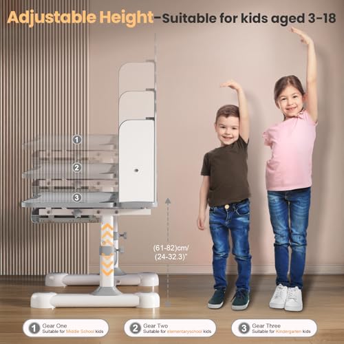 Kids Desk and Chair Set- 3-12 Height Adjustable Ergonomic Art Desk | School Study Desk, 50° Tiltable Desktop, Easy-Turn Crank, Storage Drawer & Built-in Bookstand for Children Boys & Girls - color: 015-grey-31.5in