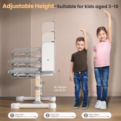 Kids Desk and Chair Set- 3-12 Height Adjustable Ergonomic Art Desk | School Study Desk, 50° Tiltable Desktop, Easy-Turn Crank, Storage Drawer & Built-in Bookstand for Children Boys & Girls - color: 015-grey-31.5in