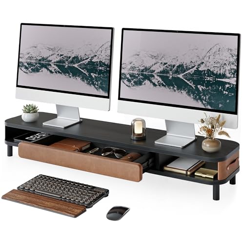 Fenge Dual Monitor Stand with Large Storage Drawer, 42.5" Dsek Shelf, Black | Slide-Out Drawer, Ergonomic Monitor Riser, Aluminum leg, 2-Tier Desk Organizer for Laptop, TV, PC - color: Black