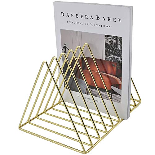 Gold File Holder Organizer, Triangle Record Album Holder Magazine Wire Rack, 9 Slot Multifunction Desktop Storage Decor for Home Office - color: Gold