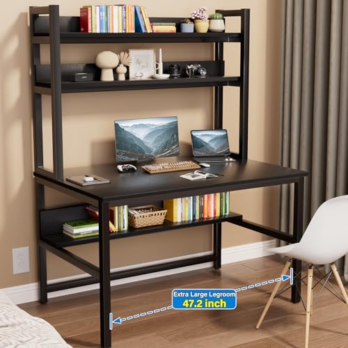 Aquzee Computer Desk with Hutch and Bookshelves, Large Leg Room 47 inch Width Black Desk with Space Saving Storage Shelves for Home Office,Study, Work, Easy Assemble - color: Black, size: 47inch