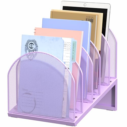5-Section Desk File Organizer | Metal Mesh Folder Organizer for Documents, Mail & Office Papers (Purple) - color: Purple