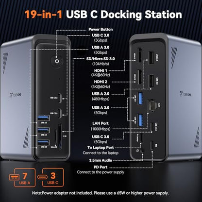 TobenONE 19-in-1 Laptop Docking Station Dual Monitor,10 USB C/A,2×4K HDMI | Docking Station with Ethernet,PD 3.0, for Office & Home Multi-Screen Users, Fits Windows/HP/Dell Laptops (No Power Adapter)