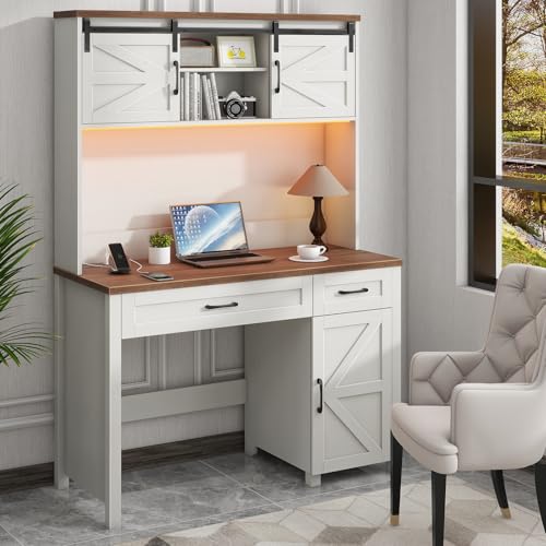 Halitaa Farmhouse 47" Computer Desk with Hutch, Workstation, Unique White | Home Office Desk, Executive Desk, 2 Drawers, LED Light, Storage Cabinet, Charging Hub, Workstation for Home Office and Study - color: Unique White, size: Right Cabinet 2-Drawer