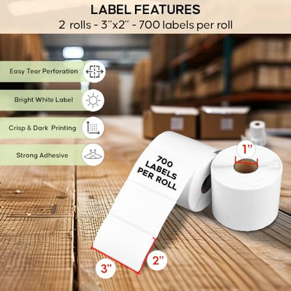 Arkscan 3x2 Thermal Labels - 2 Rolls, 700 Labels per Roll (1,400 Labels) - Direct Thermal Barcode Labels for Zebra, Rollo & Arkscan Printers - size: 3 x 2", 2 Rolls