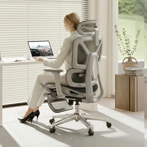 FLEXISPOT ErgoX Premium Ergonomic Office Chair with Footrest- Adjustable 3D Armrests, Dynamic Lumbar Support, Recline & Tilt Function, Mesh Seat, for Home & Office Use,Light Grey - color: Breathable Light Grey, size: Overall Depth 44"