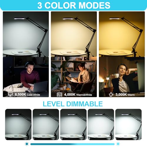 LED Magnifier Desk Lamp with Stand, 3 Color Modes & Stepless Dimming 5-Diopter Glass Lens, Adjustable Swivel Arm - Magnifying lamp for Close Work, Repair, Crafts, Reading - Long