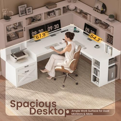 SEDETA 68" Farmhouse L Shaped Office Desk with Hutch, Drawers, Storage - color: White, size: 68 inches