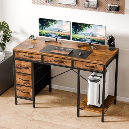 47" Computer Desk with 6 Drawers,Storage Shelves - color: Brown, size: 47-in
