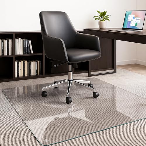 JAMBALAY 55″×46″ Tempered Glass Chair Mat, Heavy Duty Glass Office Floor Mat for Carpets and Wooden Floor, with 12 Anti-Slip Pads, Polished Edges and Round Corners, Easy Roll On, Thick 0.2″ - size: 55"x46"-No Lip