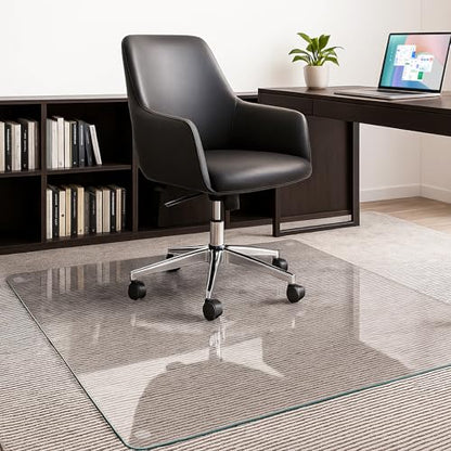 JAMBALAY 55″×46″ Tempered Glass Chair Mat, Heavy Duty Glass Office Floor Mat for Carpets and Wooden Floor, with 12 Anti-Slip Pads, Polished Edges and Round Corners, Easy Roll On, Thick 0.2″ - size: 55"x46"-No Lip