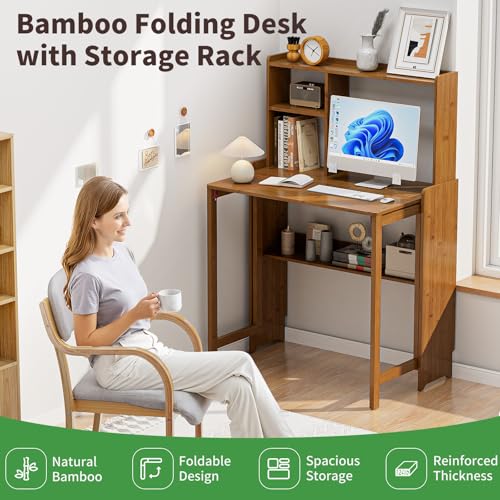Folding Desk for Small Spaces, Bamboo Foldable Desk with Bookshelf, Brown - color: Brown, size: 47.24"H x 21.65"D x 32.28"W
