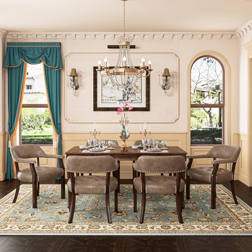 LEEMTORIG Faux Leather Dining Chair with Arms, Solid Wood Dining Chair with Supportive Back, Boss Caption's Chairs Office Desk Chairs, Espresso Legs & Yellowish Brown PU CY-NX173-318EY - color: Espresso Legs & Yellowish Brown Pu, size: Set of 1
