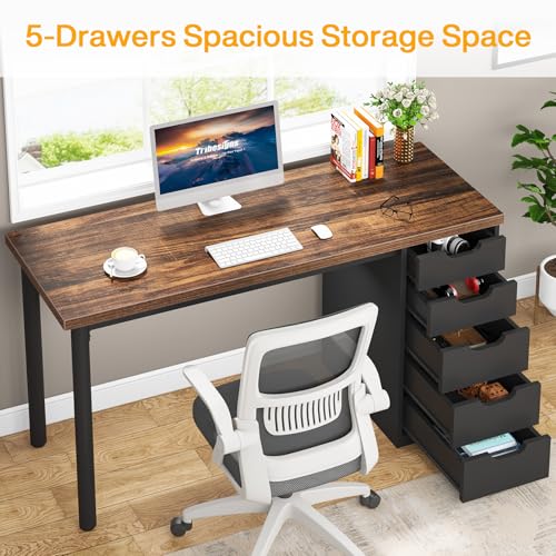 Tribesigns Computer Desk with 5 Drawers, 47 inches Rustic Brown Home Office Desk with Storage, Modern Simple Laptop Desk Study Writing Table for Small Spaces (1, Brown+Black) - color: Brown+black