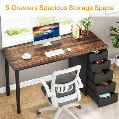 Tribesigns Computer Desk with 5 Drawers, 47 inches Rustic Brown Home Office Desk with Storage, Modern Simple Laptop Desk Study Writing Table for Small Spaces (1, Brown+Black) - color: Brown+black