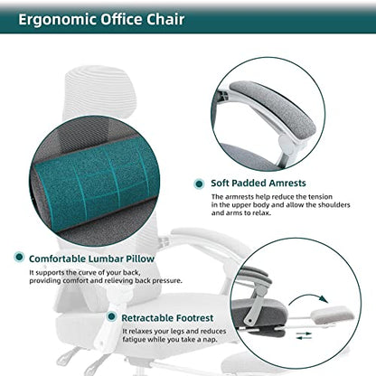 DUMOS Office Desk Chair with Footrest, Mesh Computer Gaming Chair | Ergonomic Lumbar Support, 360° Swivel, Rolling Wheels, Adjustable Headrest, Task Student, Elegant Grey - color: Elegant Grey, size: Standard