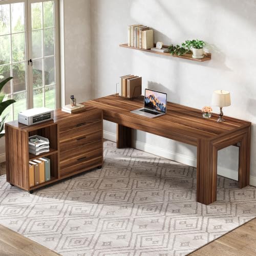 Tribesigns 63" L Shaped Desk with File Cabinet, Large Executive Office Desk with Rolling Filing Cabinet, Long Computer Table with Drawers, Business Furniture Set for Home Office, Light Walnut - color: Light Walnut