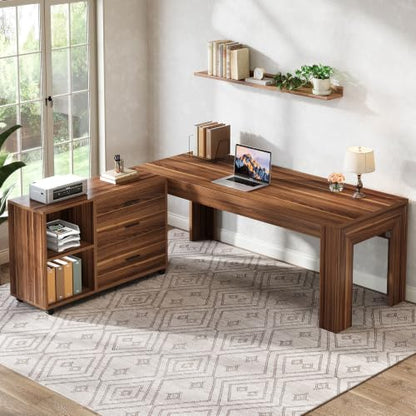 Tribesigns 63" L Shaped Desk with File Cabinet, Large Executive Office Desk with Rolling Filing Cabinet, Long Computer Table with Drawers, Business Furniture Set for Home Office, Light Walnut - color: Light Walnut