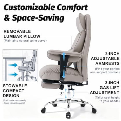 Efomao Executive Office Chair 400lbs,Grey Big and Tall Desk Chair | Mattress-grade pocket spring cushion, sleek leather, 135° recline & footrest for computer gaming setup. - color: 3084p-grey