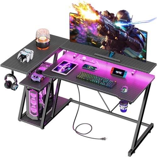 Korfile 47 Inch Gaming Desk with Power Outlet & LED Lights, Corner Computer Desk with 3 Tiers Storage Shelves, Home Office Desk with Monitor Stand for Small Space, Carbon Fiber Black | Corner Computer Desk, Home Office Desk, 3 Tiers Storage Shelves, Monit