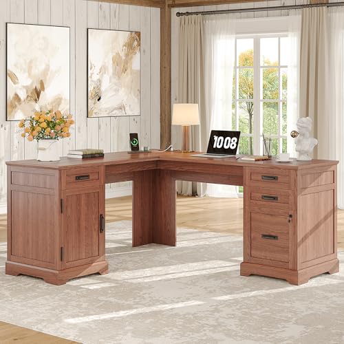 Whalefall 67'' Farmhouse L-Shaped Desk with Drawers for Home Office, Brown | Computer Corner Desk with File Cabinet and Charging Station, Large Executive L Desk with Locking Drawers Storage - color: Brown, size: 67''