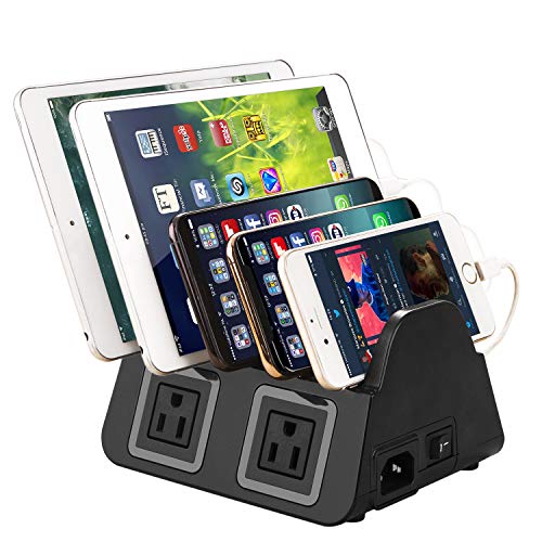 5 USB Ports Charging Station Organizer for Multiple Devices Fast Charging Desktop Stand for Apple Android Phone Tablet 1600W 2 AC Power Outlets Charger Dock for Home Office 3 Prong Cord Black