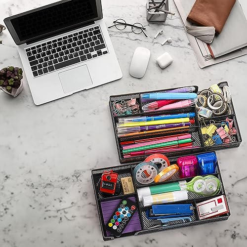 Noamus 2 Pack Desk Drawer Organizer, Metal Mesh Drawer Office Tray, 6 Compartments Pen Organizer Storage Box, Desktop Basket Accessories for Home Office School Kitchen Vanity Supplies, Black