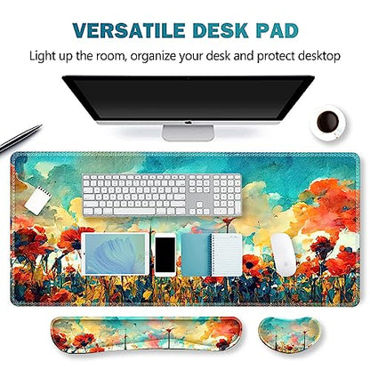 ARTSO Gaming Mouse Pad Wrist Support Set, XXL Large Desk Mat Mousepad + Keyboard Wrist Support+ Mouse Wrist Rest+Coaster 4in1 Ergonomic, Stitched Edge for Home Office -Oil Painting Flowers Plants - color: Oil Painting Flowers Plants