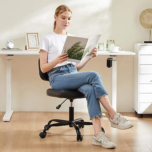 Armless Office Chair, Swivel Rolling PU Leather Vanity Chair with Back Lumbar Support Height Adjustable Computer Chair, Small Desk Chair for Home Office (Black) - color: Black