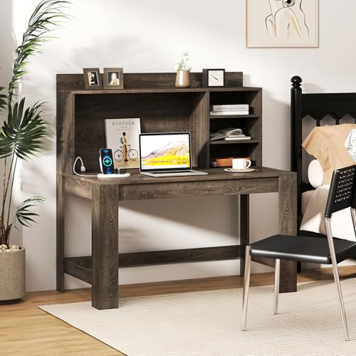Giantex Computer Desk with Hutch, Modern Home Office Desk with Power Outlets, Storage Shelves & Cable Hole, Makeup Vanity Table, Study Writing Desk for Bedroom Office Small Space (Grey Oak) - color: Grey Oak