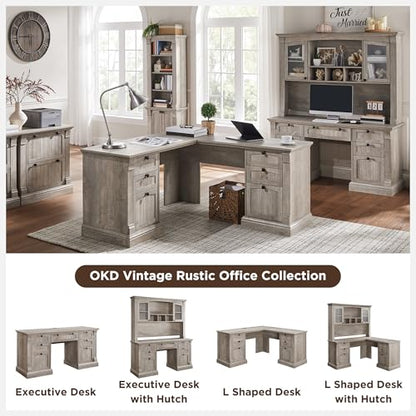 OKD 60" L Shaped Executive Desk, Farmhouse Desk with Drawers, Gray Oak - color: Light Rustic Oak