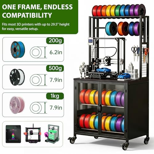 3D Printer Stand with Filament Storage, Heavy Duty 29.5" Printer Table Cart with Cabinet, Dustproof & Moisture-Proof Rolling Stand with 360° Wheels for Workshop, Studio, Office, Black