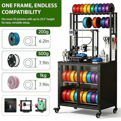 3D Printer Stand with Filament Storage, Heavy Duty 29.5" Printer Table Cart with Cabinet, Dustproof & Moisture-Proof Rolling Stand with 360° Wheels for Workshop, Studio, Office, Black