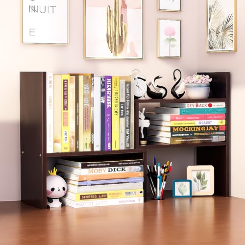 Desktop Shelf Organizer, Adjustable Wood Office Storage Rack, Counter Display Small Bookshelf for Home/Office/School(Dark Walnut) - color: Dark Walnut