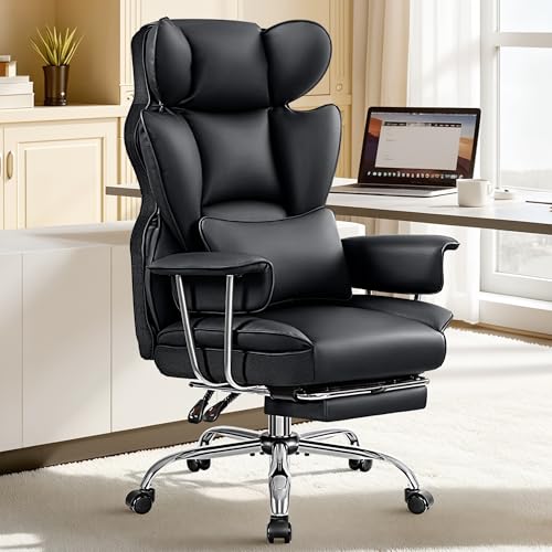 ALLGOD Big and Tall Office Chair 400LBS, Executive Ergonomic Leather Chair with Footrest, Wide Seat Gaming Office Chair with Pocket Spring Cushion, Reclining High Back Computer Desk Chair, Black - color: Black, size: 1 Pack
