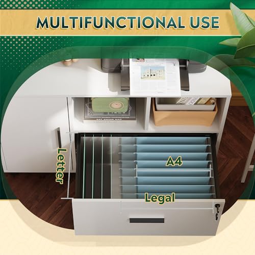 DEVAISE Office File Cabinet with Lock, 1-Drawer Wood Lateral Filing Cabinet on Wheels, Printer Stand with Open Storage Shelves for Home Office, White - color: White, style: Modern