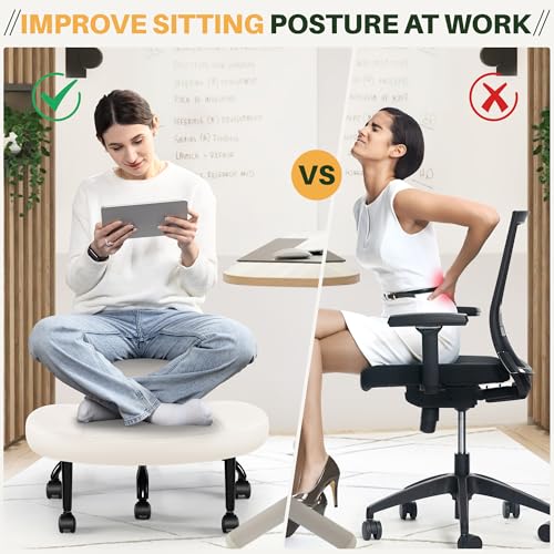 Criss Cross Office Chair - ADHD Cross Legged Chair with Wheels - Adjustable Height Ergonomic Kneeling Desk Chairs for Meditation Yoga Home Office with Backrest, 360°Rotating Footrest -White