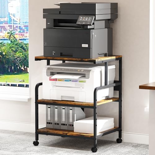 Arbuxzuy Large Printer Stand with Storage Shelf, 23.6" W x 18.9" D Printer Cart with Wheels, 3 Tier Mobile Printer Table for Home Office,Stands for Heat Press Scanner Fax (Brown) - color: Brown, size: Large(23.6x18.9x29.5in)