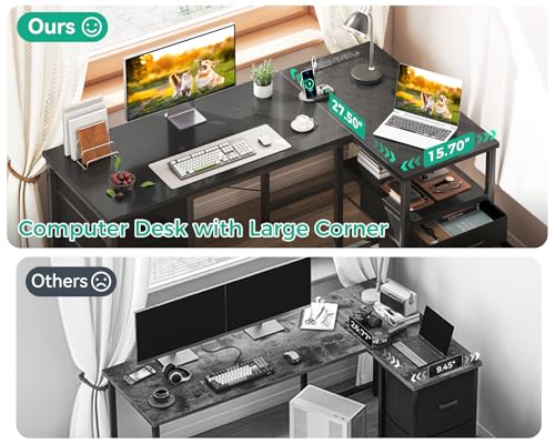 Coleshome 55 Inch L Shaped Office Desk with 6 Drawers, Power Outlet, Black - color: Black, size: 55 Inch
