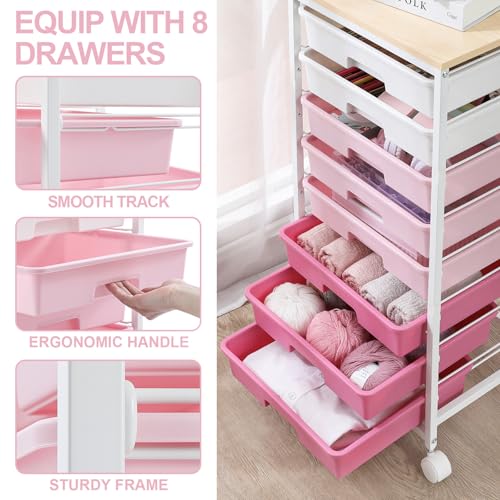 SYKIARIOL Rolling Cart with Drawers,Utility Cart with 8 Drawers,Rose Pink - color: Rose Pink