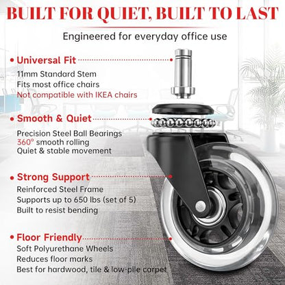 Office Chair Wheels Replacement, 5PC- Universal Fit 3 Inch Casters for Office computer Chairs, Safe for All Floors, Desk wheels for office chair, Smooth & Quiet Glide, Scratch-Resistant, Quick Install