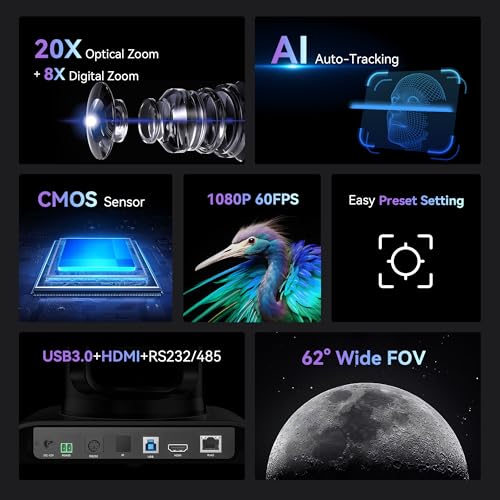 Tenveo 20X Optical Zoom PTZ Camera with AI Auto-Tracking, USB 3.0/HDMI, FHD 1080P60 for Video Conferencing, Live Streaming, Church, Education, Zoom, Teams & OBS - color: Obsidian Black