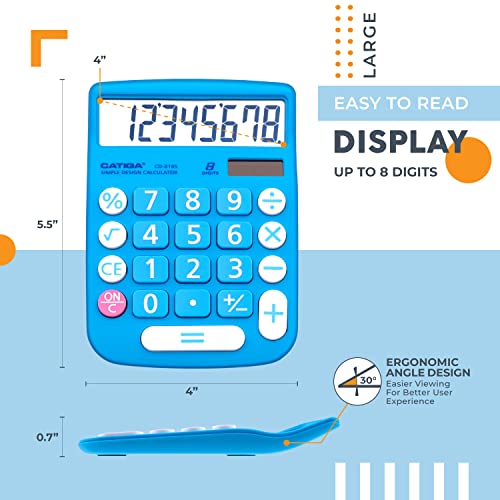 CATIGA Desktop Calculator 8 Digit with Solar Power and LCD Display, Big Buttons, for Home, Office, School, Class and Business, 4 Function Small Basic Calculators for Desk, CD-8185 - color: Blue