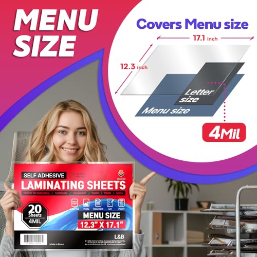 VIOLETTO 4mil Self-Adhesive Laminating Sheets 20 Pack, Menu Size, 12.3x17.1 Inches, No Machine Needed - size: Menu Size 20Pack
