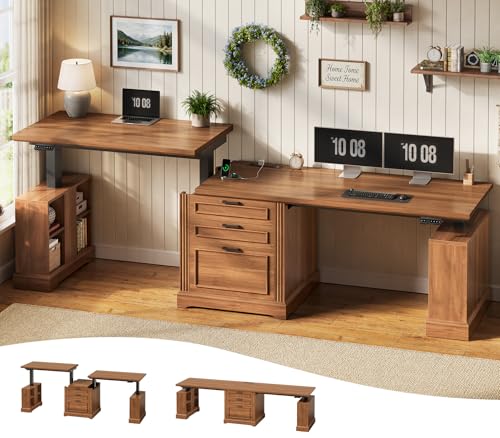 SEDETA 98.4'' Standing Two Person Desk with 3 Drawers, Storage Cabinet | Farmhouse Long Computer Desk, Electric Height Adjustable 2 Person Desk with Power Outlets for Home Office, Brown - color: Brown, size: 98.4 inches